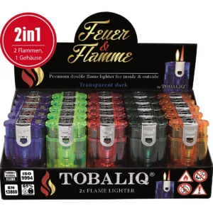 [LL-10390-17] Feuerzeug 2in1 “Feuer & Flamme” Mix-Transparent, 25er Display