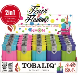 [LL-10390-15] Feuerzeug 2in1 “Feuer & Flamme” Neon-Mix, 25er Display