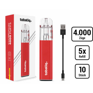 [LL-E41597] TOBALIQ Vape V1, 4000 Puffs – Red, inkl. USB-Ladekabel